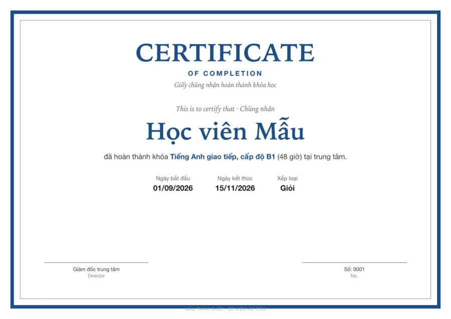 English-center completion certificate (Vietnamese)