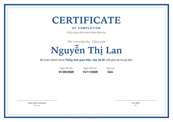 English-center completion certificate (Vietnamese)