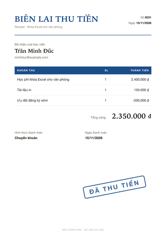 Training receipt in VND (Vietnamese)